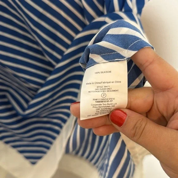 NWT Tory Burch Silk Blue White Striped Sheer Short Sleeve Blouse M $295 MSRP - Picture 3 of 5